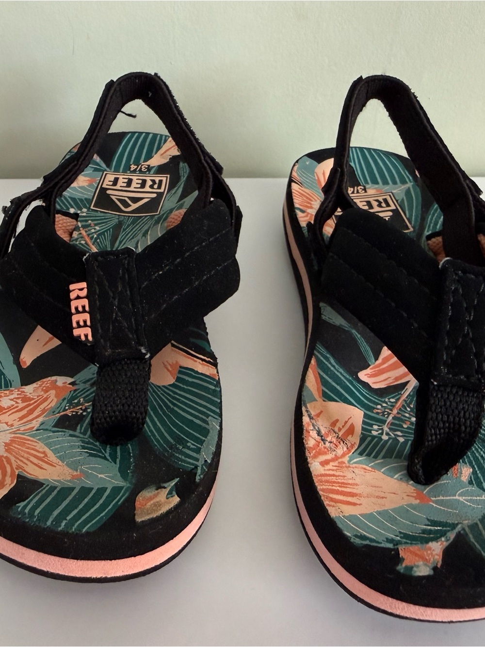 Reef Kids Black Sandals with Pink Floral Footbed